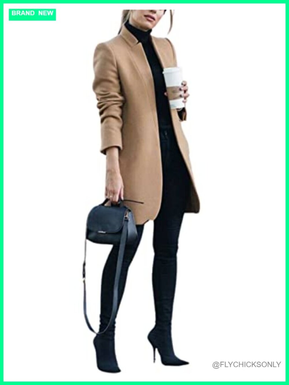 Wool Blend Pea Coat Stand Collar Mid Long Open Front Women's Winter Coat